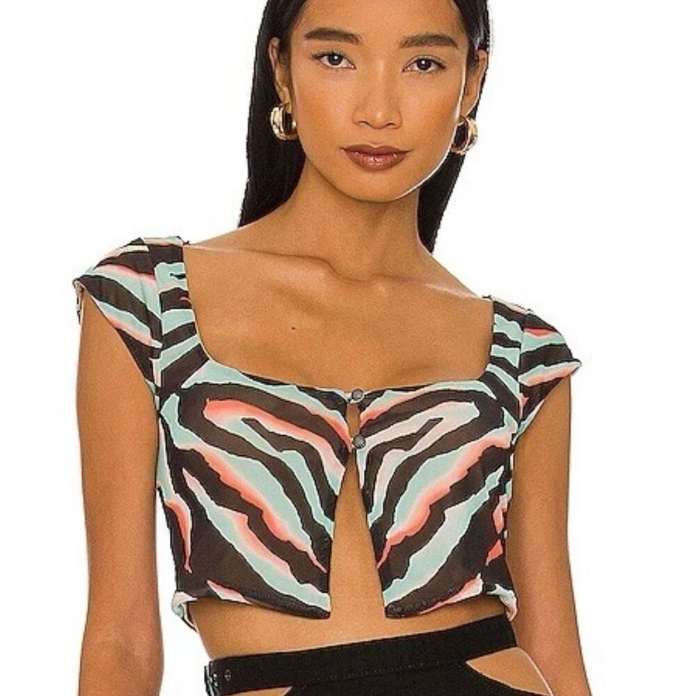 NWT Afrm Nylah Crop Top In Teal Zebra Square Neckline Front Loop Button Clos mes